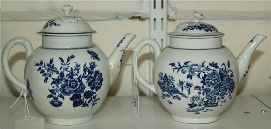 Two Worcester blue and white globular teapots and covers, c.1775-80, height 5.5in.